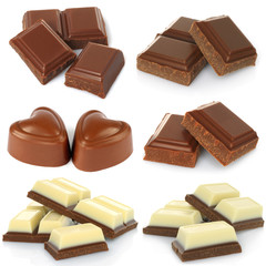 Broken milk chocolate bar set isolated on white background .