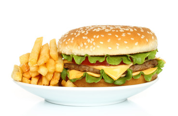 Hamburger and potato free on white plate on white background.