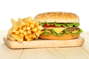 Hamburger and potato free on white background .