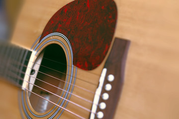 Acoustic guitar with very shallow depth of field focus on string