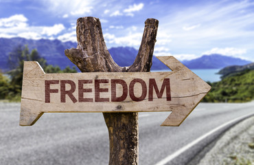 Freedom wooden sign with a street background