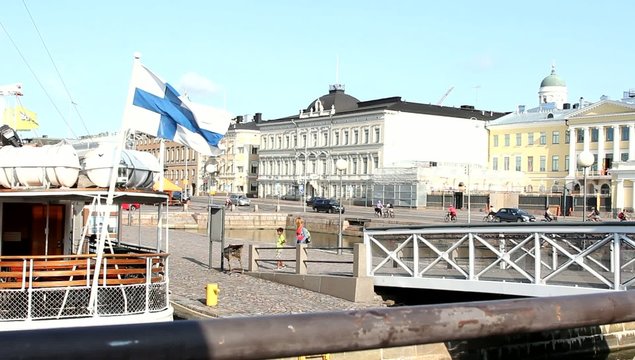Flag of Finland Waving on city background