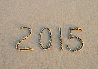 Year 2014 hand written on the white sand in front of the sea