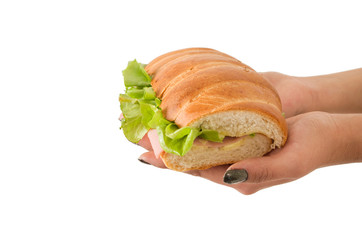 Closeup of hand holding lettuce and ham sandwich