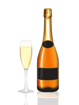 Champagne orange bottle and champagne glass on white