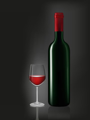 Wine bottle and red wine glass on black