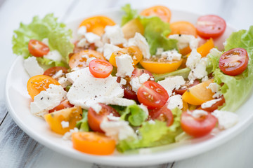 Vegetable salad with tomatoes and feta cheese, horizontal shot