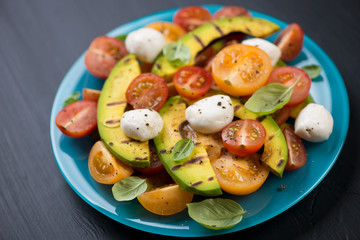 Vegetable salad with grilled avocado, close-up, horizontal shot