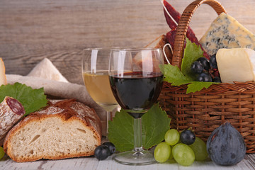 wine with cheese and bread