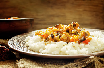 rice with sauce of eggplant, peppers and tomatoes