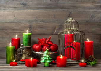 christmas decoration with burning candles. nostalgic home interi