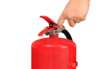 Naklejka premium Hand pulling pin of fire extinguisher