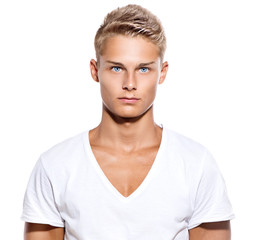 Handsome guy in white t-shirt isolated on a white