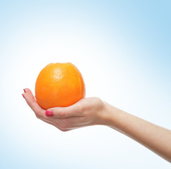 Beautiful female hands with an orange on light blue