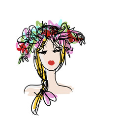 Female portrait with floral hairstyle for your design
