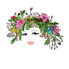 Female portrait with floral hairstyle for your design