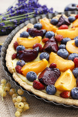 Sweet tart with peaches, plums and blueberries