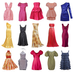 large collection of stylish evening dresses women (isolated on w