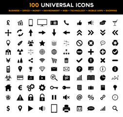 Big set of 100 universal black flat icons