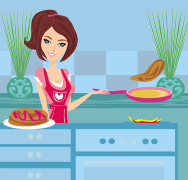 A woman in an apron with a frying pan