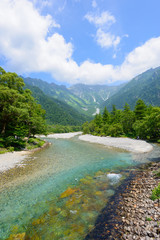 Naklejka na ściany i meble Azusa river and Hotaka mountains in Kamikochi, Nagano, Japan