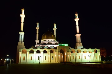 The NUR-ASTANA mosque in Astana, Kazakhstan, at night