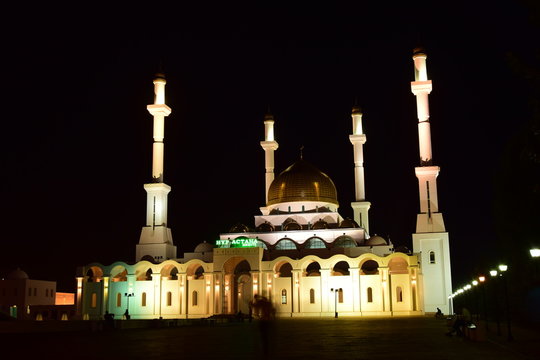 The NUR-ASTANA mosque in Astana, Kazakhstan, at night