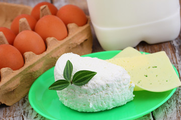 Dairy products: curd cheese, hard cheese, whole eggs and milk