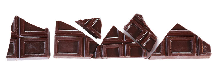Cracked chocolate bar isolated on white