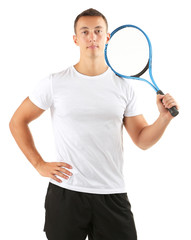 Handsome young sportsman holding racket isolated on white