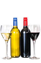Glass of red and white wine with bottle