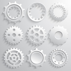 Gear wheels icon set. Nine 3d gears on a gray background