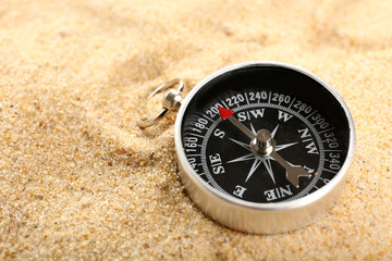 Fototapeta na wymiar Compass on sand close-up
