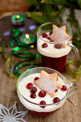 Christmas dessert in a glass with decoration Selective focus
