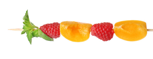 Fresh fruit kebab for healthy snack isolated on white