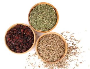 Round wooden bowls full of seasoning