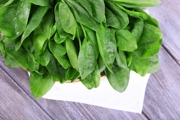 Fresh sorrel in round wicker basket