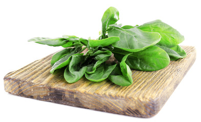 Tuft of fresh sorrel on wooden cutting board isolated on white