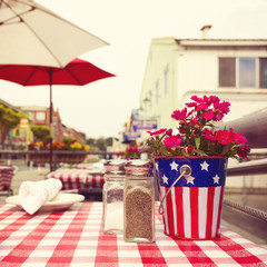 Restaurant table in street in San Francisco. Retro