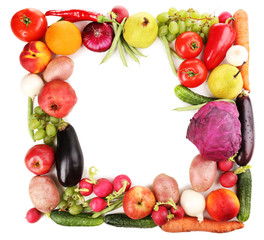 Fresh organic vegetables and fruits isolated on white