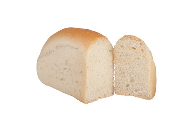 a loaf of bread with a cut slice, isolated on white background