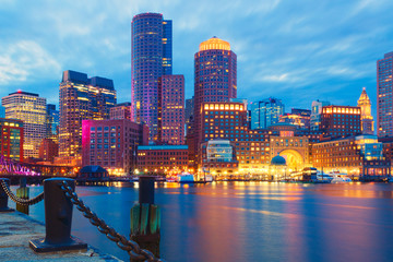 Boston Harbor and Financial District at sunset.