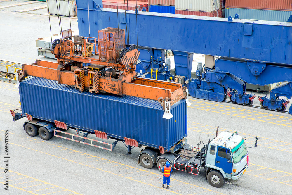 Wall mural container truck waiting for loading container box to cargo ship