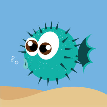 teal pufferfish blowing bubbles underwater clip art preview