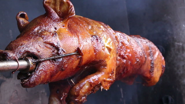 Roasted pig on a spit