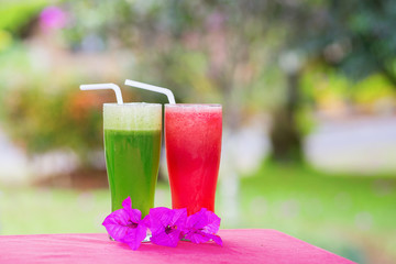 Fresh organic watermelon and cucumber juices