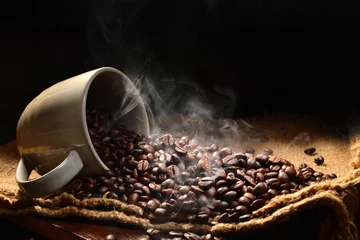 Wall murals Coffee bar Coffee beans with smoke in coffee cup