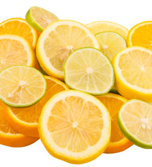 Fototapeta na wymiar Lime, lemon and orange layer slices over white background