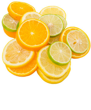 Lime, lemon and orange layer slices over white background