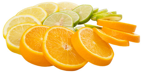 Lime, lemon and orange layer slices over white background
